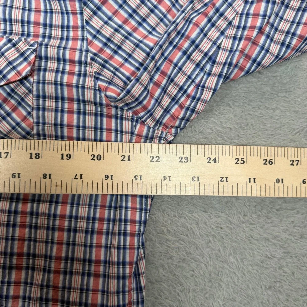 Banana Republic Mens Western Pearl Snap Plaid Shirt Red White Blue Large Stretch